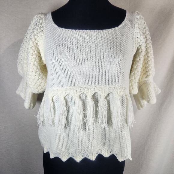 NWOT‎ BiBi S Cream Sweater Baby Doll Deep Scoop Fringe Detail Puff Sleeve Boho - Picture 1 of 13